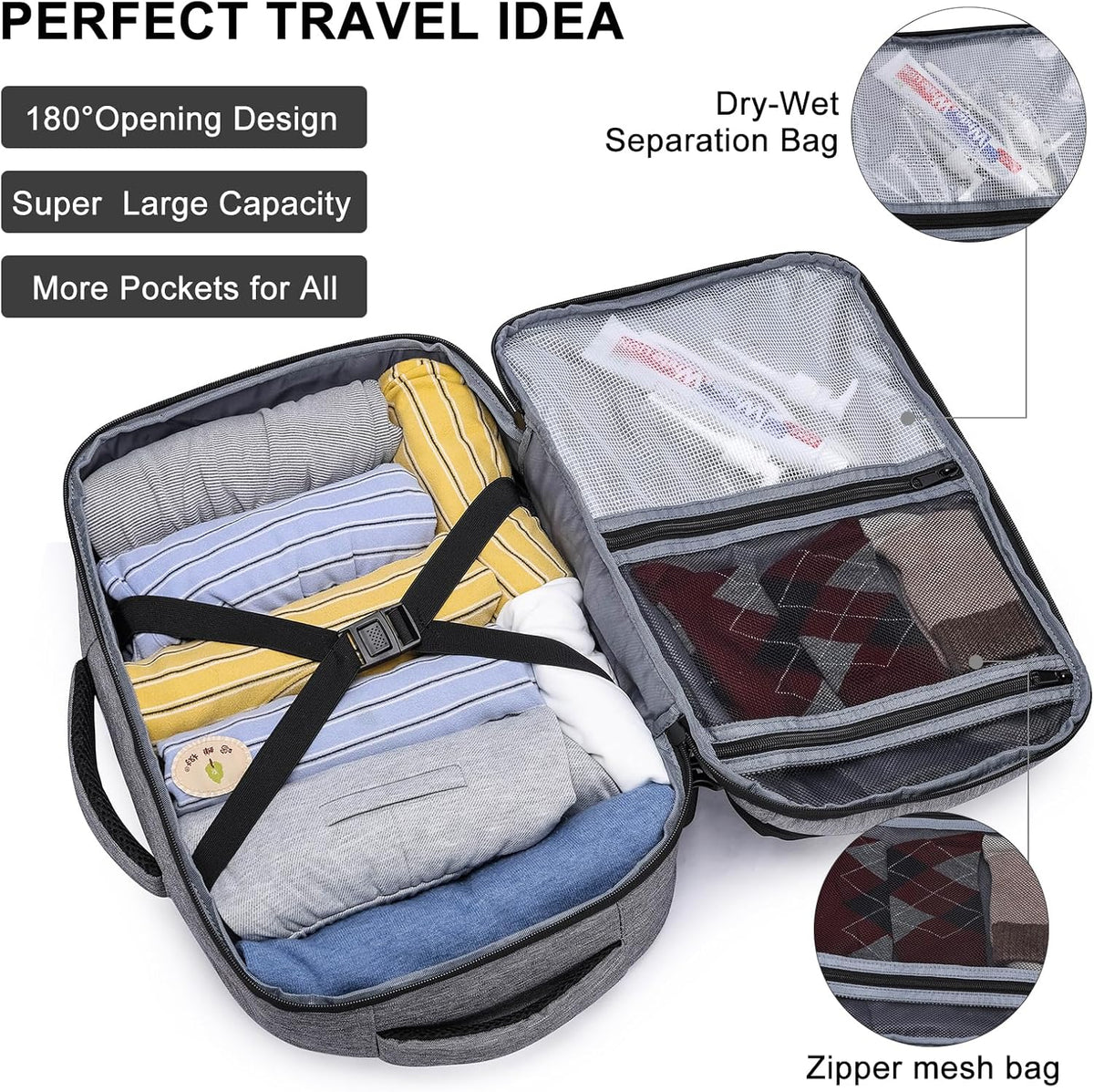 Travel Backpack for Women Men,Flight Approved Carry On Luggage 40L Water Resistant Business Laptop Backpacks Fits TSA 17.3 Inch Computer College Weekender Outdoor Hiking-Grey