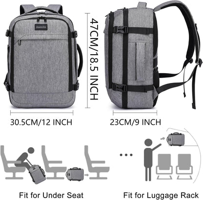 Travel Backpack for Women Men,Flight Approved Carry On Luggage 40L Water Resistant Business Laptop Backpacks Fits TSA 17.3 Inch Computer College Weekender Outdoor Hiking-Grey