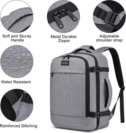 Travel Backpack for Women Men,Flight Approved Carry On Luggage 40L Water Resistant Business Laptop Backpacks Fits TSA 17.3 Inch Computer College Weekender Outdoor Hiking-Grey