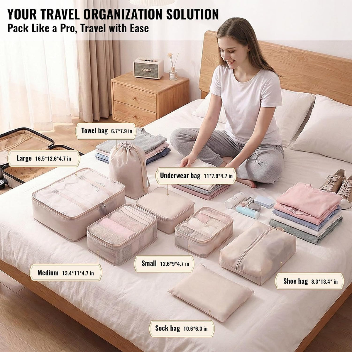Compression Packing Cubes 7-Piece Set, Lightweight Travel Organizer Bags with Mesh Cubes, Underwear Cube, Shoe Bag, Laundry Bag and Pouch, Carry-On and Cruise Essentials