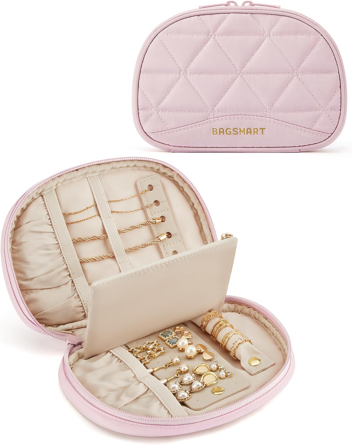 Travel Jewelry Case Jewelry Organizer Storage Roll Rings Necklaces Earrings Bracelets Brooches Watch Large Portable Light Pink