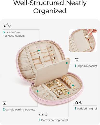 Travel Jewelry Case Jewelry Organizer Storage Roll Rings Necklaces Earrings Bracelets Brooches Watch Large Portable Light Pink