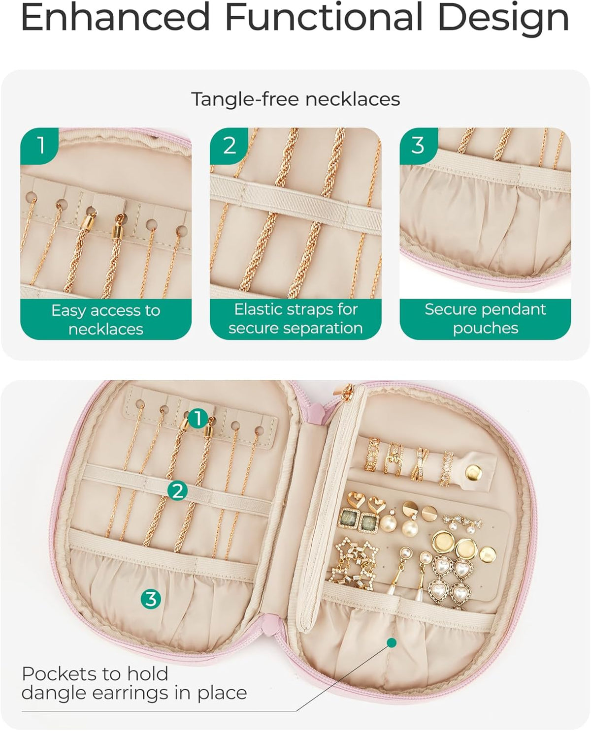 Travel Jewelry Case Jewelry Organizer Storage Roll Rings Necklaces Earrings Bracelets Brooches Watch Large Portable Light Pink