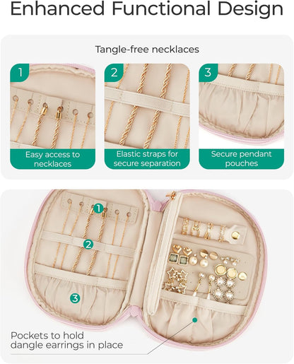 Travel Jewelry Case Jewelry Organizer Storage Roll Rings Necklaces Earrings Bracelets Brooches Watch Large Portable Light Pink