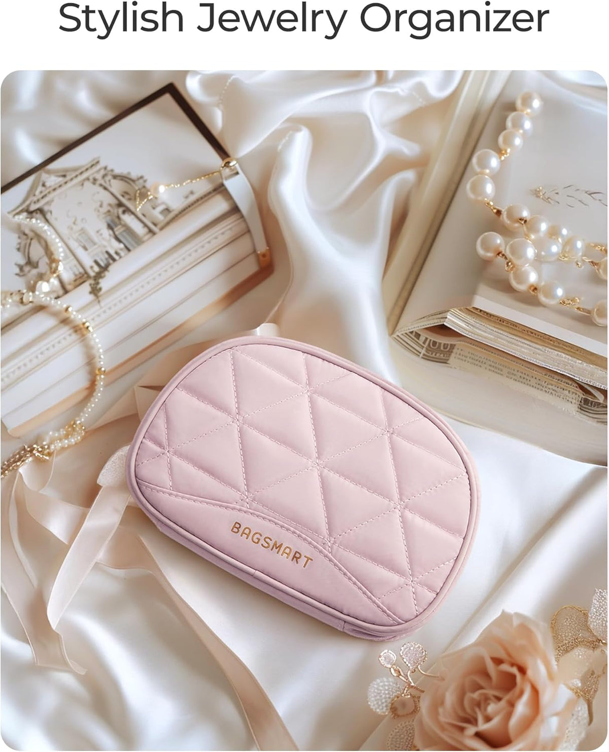 Travel Jewelry Case Jewelry Organizer Storage Roll Rings Necklaces Earrings Bracelets Brooches Watch Large Portable Light Pink