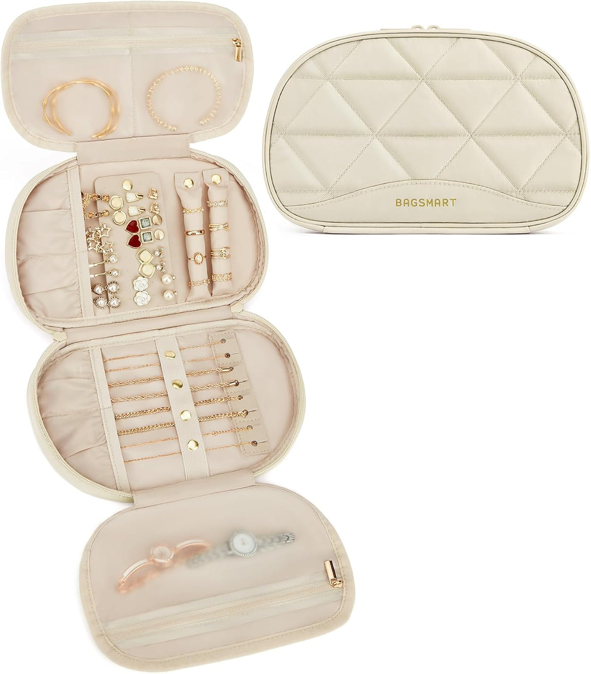 Travel Jewelry Case Jewelry Organizer Storage Roll Rings Necklaces Earrings Bracelets Brooches Watch Large Portable Light Pink