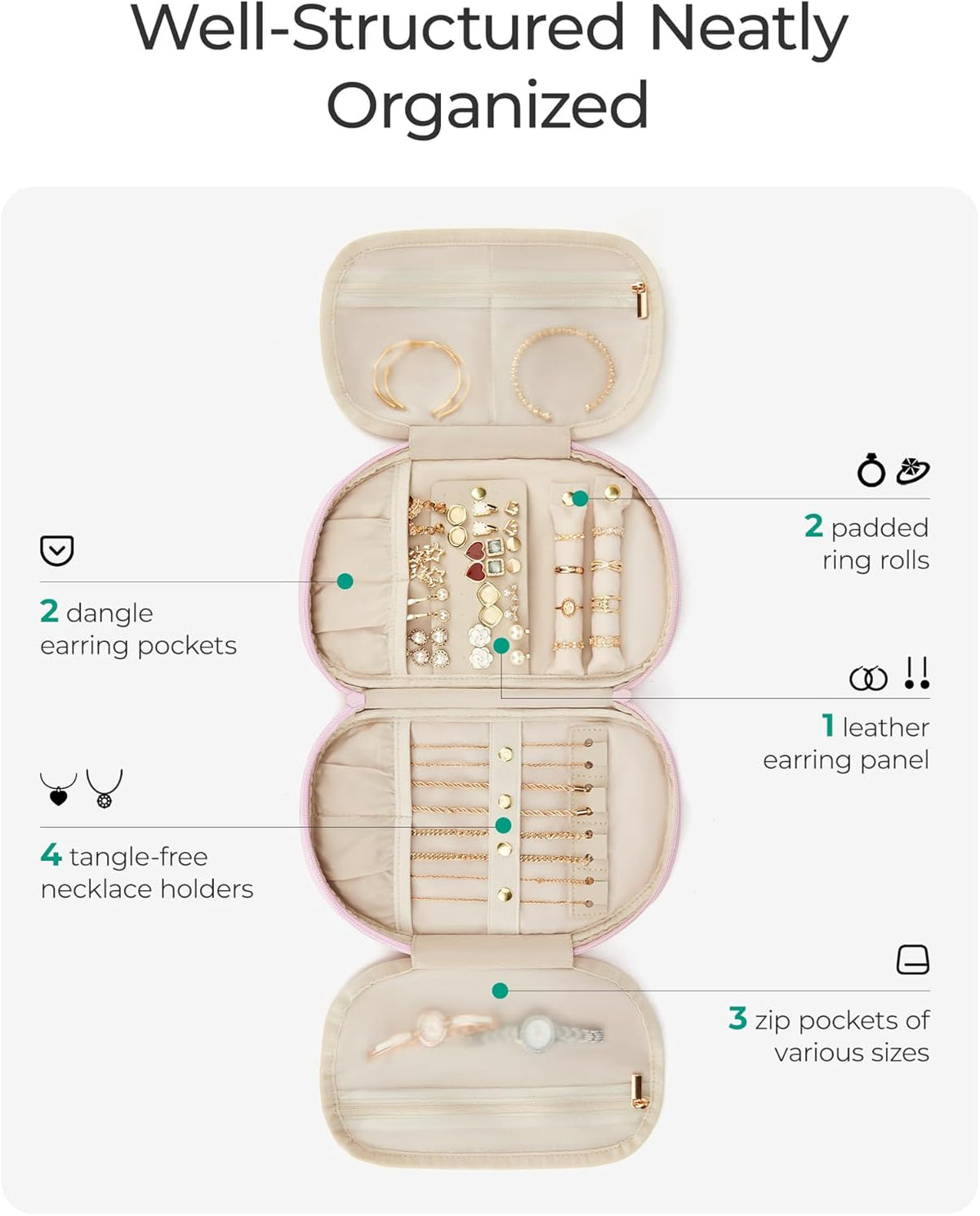 Travel Jewelry Case Jewelry Organizer Storage Roll Rings Necklaces Earrings Bracelets Brooches Watch Large Portable Light Pink