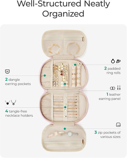 Travel Jewelry Case Jewelry Organizer Storage Roll Rings Necklaces Earrings Bracelets Brooches Watch Large Portable Light Pink