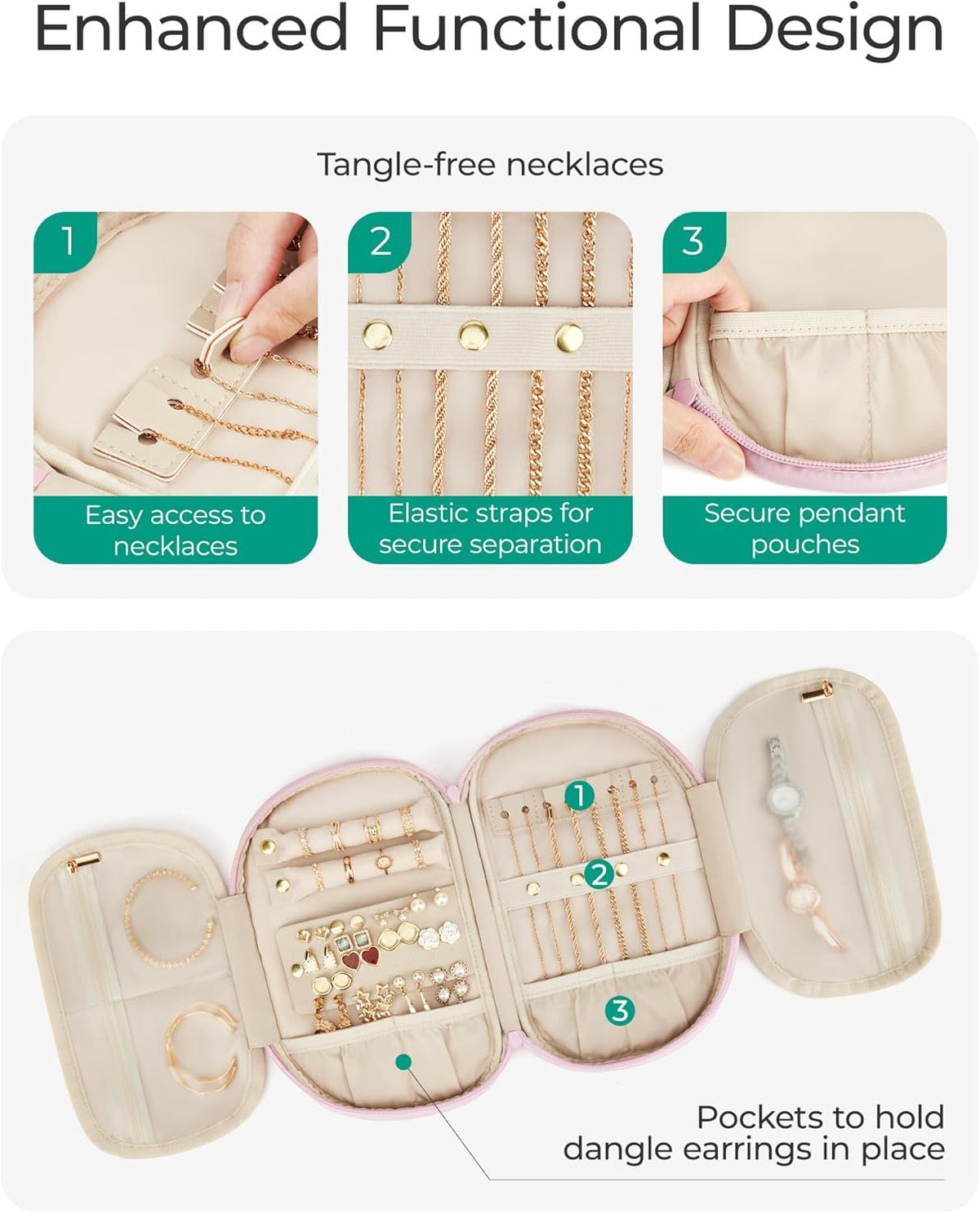 Travel Jewelry Case Jewelry Organizer Storage Roll Rings Necklaces Earrings Bracelets Brooches Watch Large Portable Light Pink