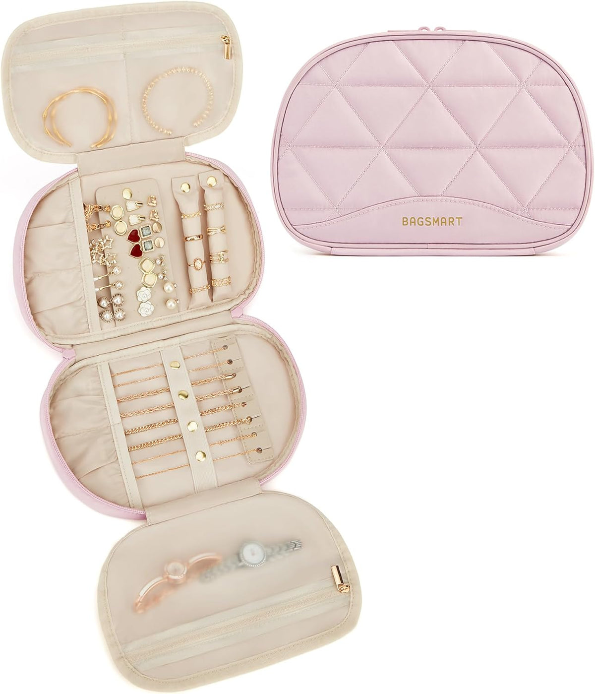 Travel Jewelry Case Jewelry Organizer Storage Roll Rings Necklaces Earrings Bracelets Brooches Watch Large Portable Light Pink