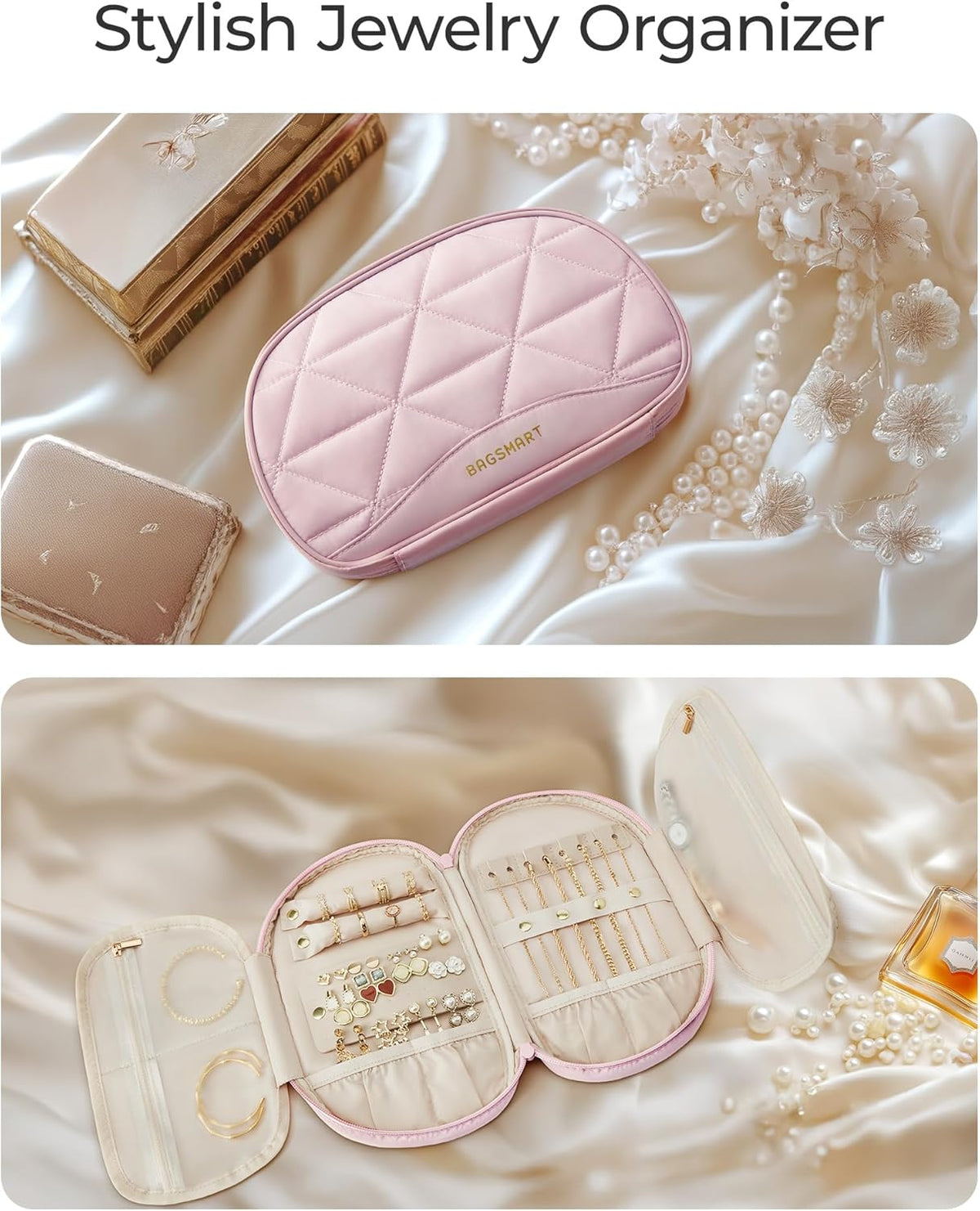 Travel Jewelry Case Jewelry Organizer Storage Roll Rings Necklaces Earrings Bracelets Brooches Watch Large Portable Light Pink