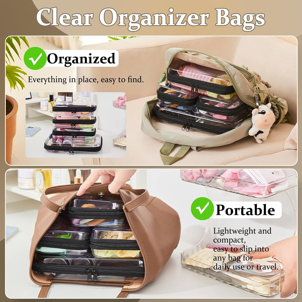 4 pcs Clear Zipper Pouches,Hard Shell Zipper Case, Toiletry Bag for Travel, CLear Diaper Bag, Toiletry Pouch, Travel Organizer, Cosmetic Bag,Toy Storage Bins (M+3S) (Light Pink)