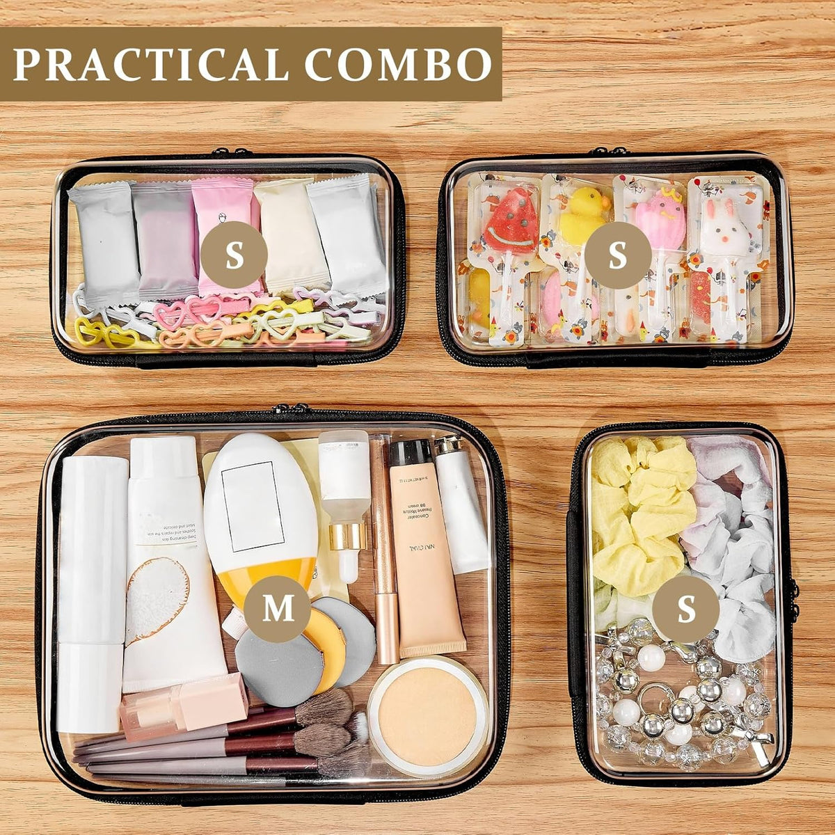 4 pcs Clear Zipper Pouches,Hard Shell Zipper Case, Toiletry Bag for Travel, CLear Diaper Bag, Toiletry Pouch, Travel Organizer, Cosmetic Bag,Toy Storage Bins (M+3S) (Light Pink)