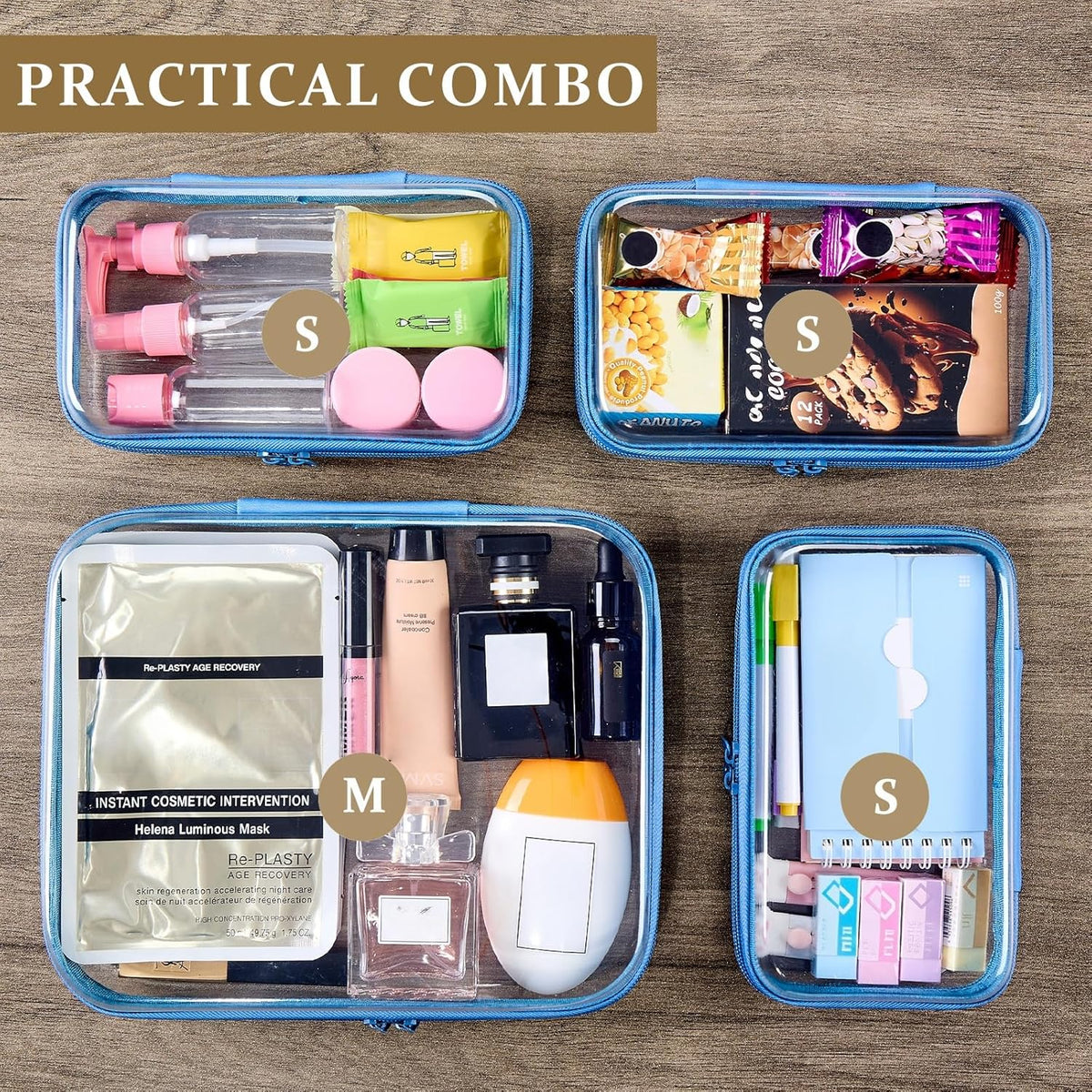 4 pcs Clear Zipper Pouches,Hard Shell Zipper Case, Toiletry Bag for Travel, CLear Diaper Bag, Toiletry Pouch, Travel Organizer, Cosmetic Bag,Toy Storage Bins (M+3S) (Light Pink)