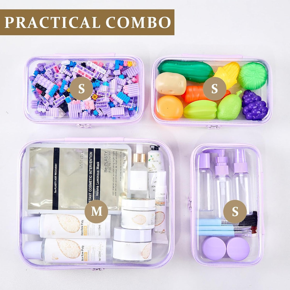 4 pcs Clear Zipper Pouches,Hard Shell Zipper Case, Toiletry Bag for Travel, CLear Diaper Bag, Toiletry Pouch, Travel Organizer, Cosmetic Bag,Toy Storage Bins (M+3S) (Light Pink)