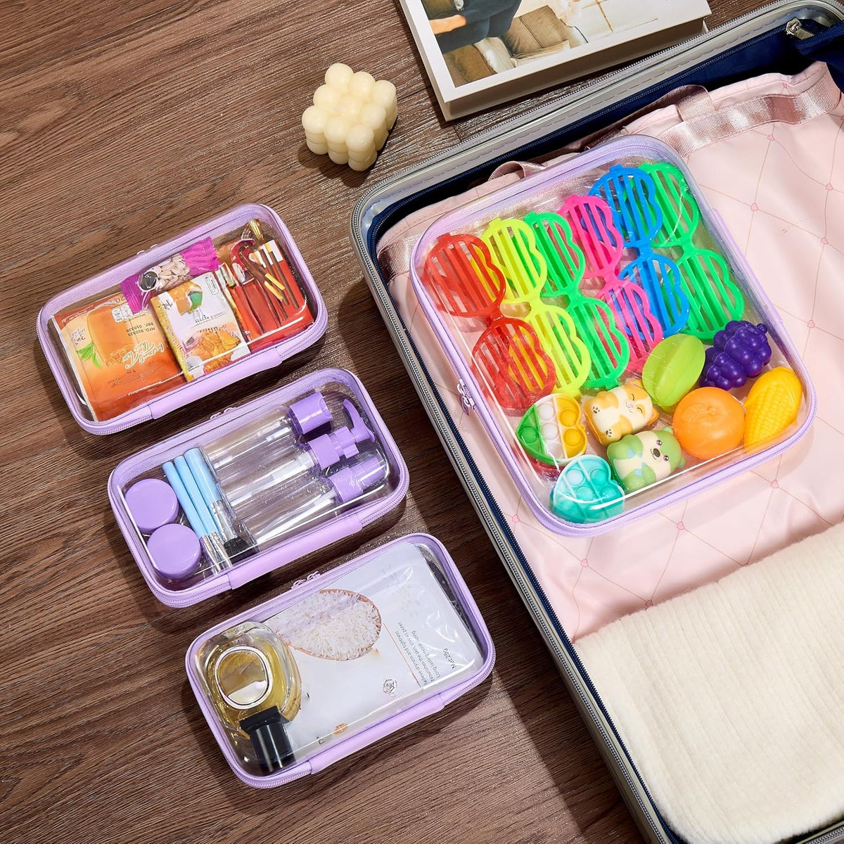 4 pcs Clear Zipper Pouches,Hard Shell Zipper Case, Toiletry Bag for Travel, CLear Diaper Bag, Toiletry Pouch, Travel Organizer, Cosmetic Bag,Toy Storage Bins (M+3S) (Light Pink)