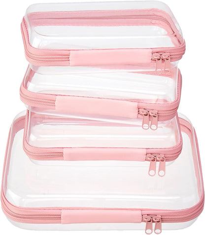 4 pcs Clear Zipper Pouches,Hard Shell Zipper Case, Toiletry Bag for Travel, CLear Diaper Bag, Toiletry Pouch, Travel Organizer, Cosmetic Bag,Toy Storage Bins (M+3S) (Light Pink)