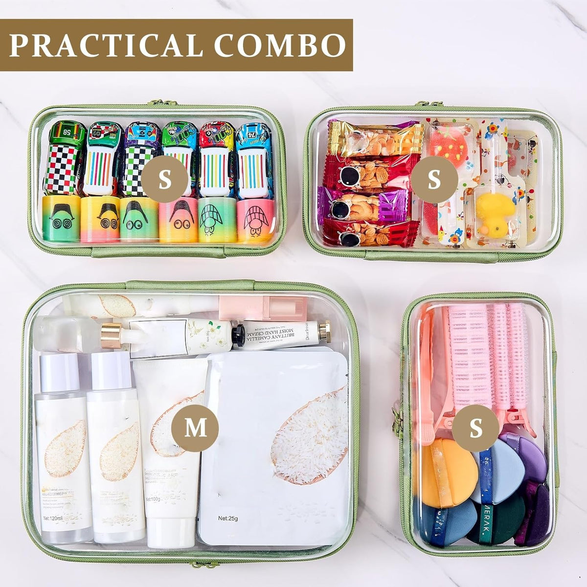4 pcs Clear Zipper Pouches,Hard Shell Zipper Case, Toiletry Bag for Travel, CLear Diaper Bag, Toiletry Pouch, Travel Organizer, Cosmetic Bag,Toy Storage Bins (M+3S) (Light Pink)