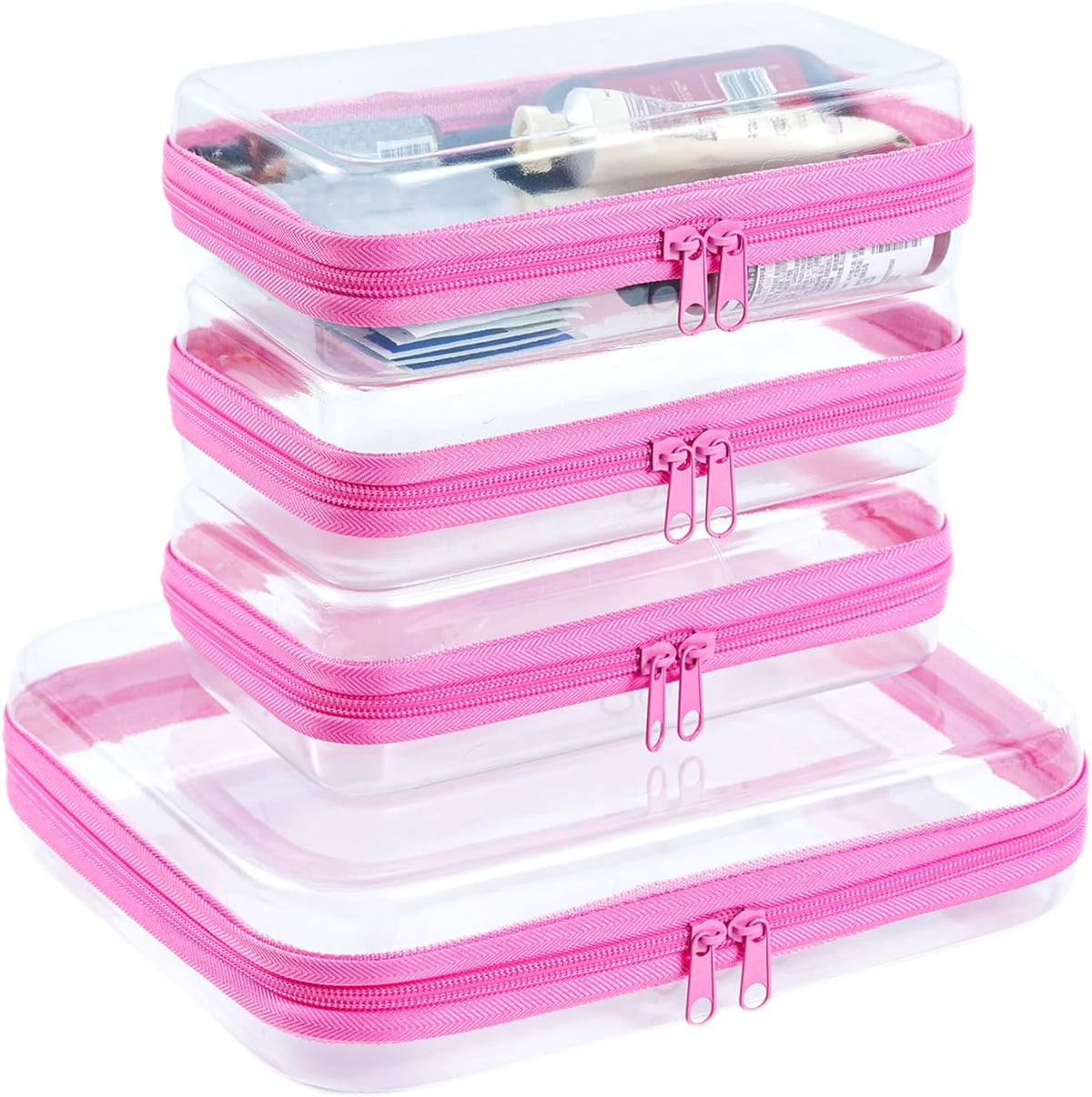 4 pcs Clear Zipper Pouches,Hard Shell Zipper Case, Toiletry Bag for Travel, CLear Diaper Bag, Toiletry Pouch, Travel Organizer, Cosmetic Bag,Toy Storage Bins (M+3S) (Light Pink)