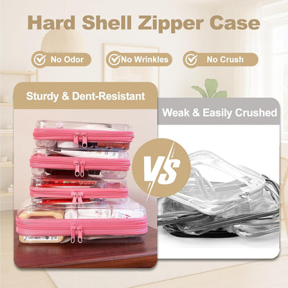 4 pcs Clear Zipper Pouches,Hard Shell Zipper Case, Toiletry Bag for Travel, CLear Diaper Bag, Toiletry Pouch, Travel Organizer, Cosmetic Bag,Toy Storage Bins (M+3S) (Light Pink)