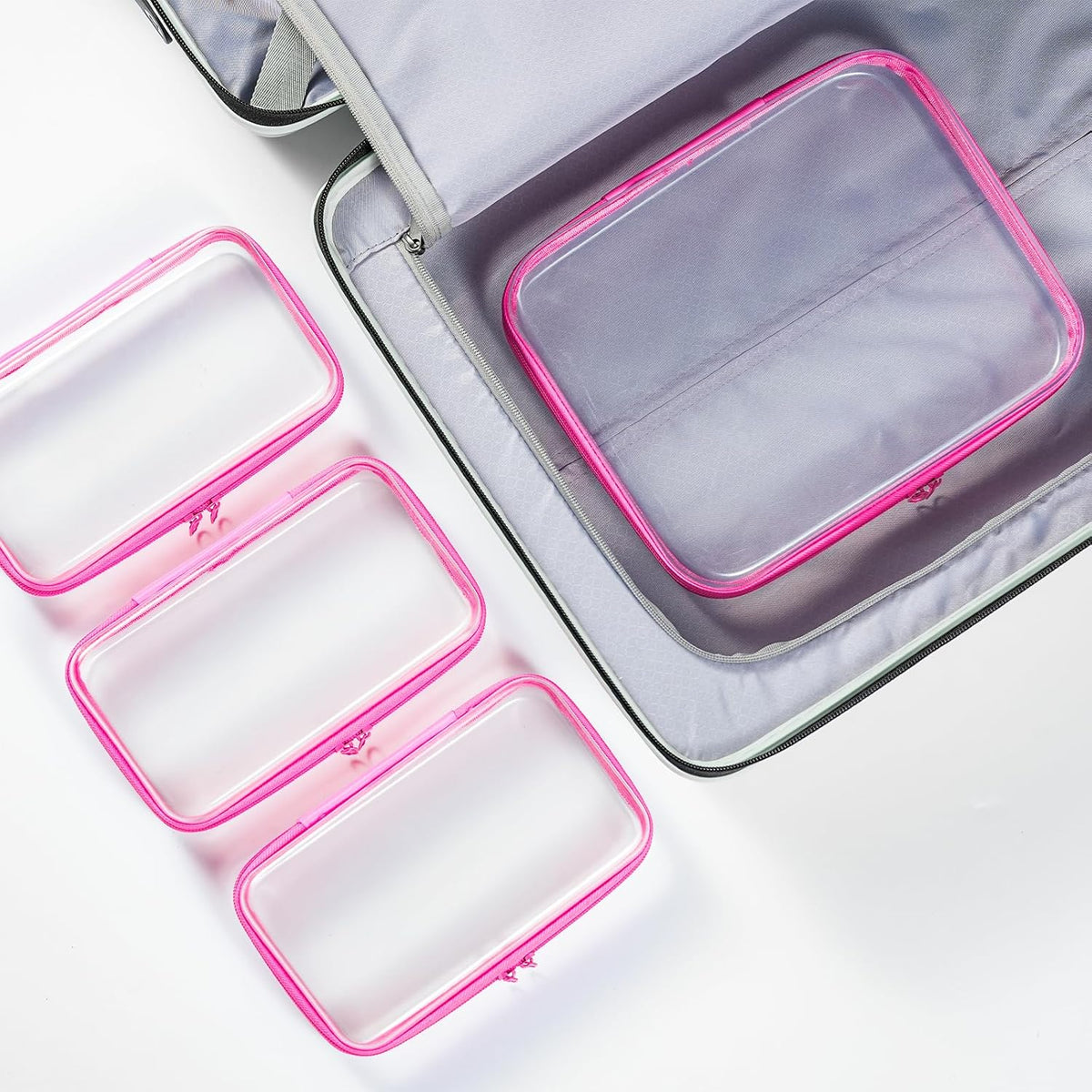 4 pcs Clear Zipper Pouches,Hard Shell Zipper Case, Toiletry Bag for Travel, CLear Diaper Bag, Toiletry Pouch, Travel Organizer, Cosmetic Bag,Toy Storage Bins (M+3S) (Light Pink)
