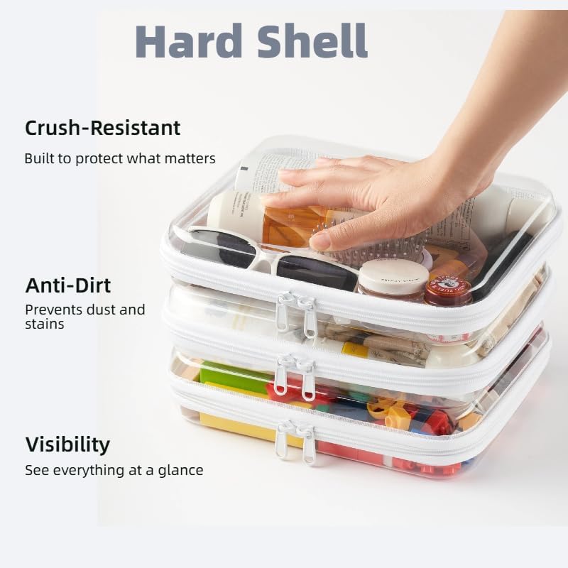 4 pcs Clear Zipper Pouches,Hard Shell Zipper Case, Toiletry Bag for Travel, CLear Diaper Bag, Toiletry Pouch, Travel Organizer, Cosmetic Bag,Toy Storage Bins (M+3S) (Light Pink)