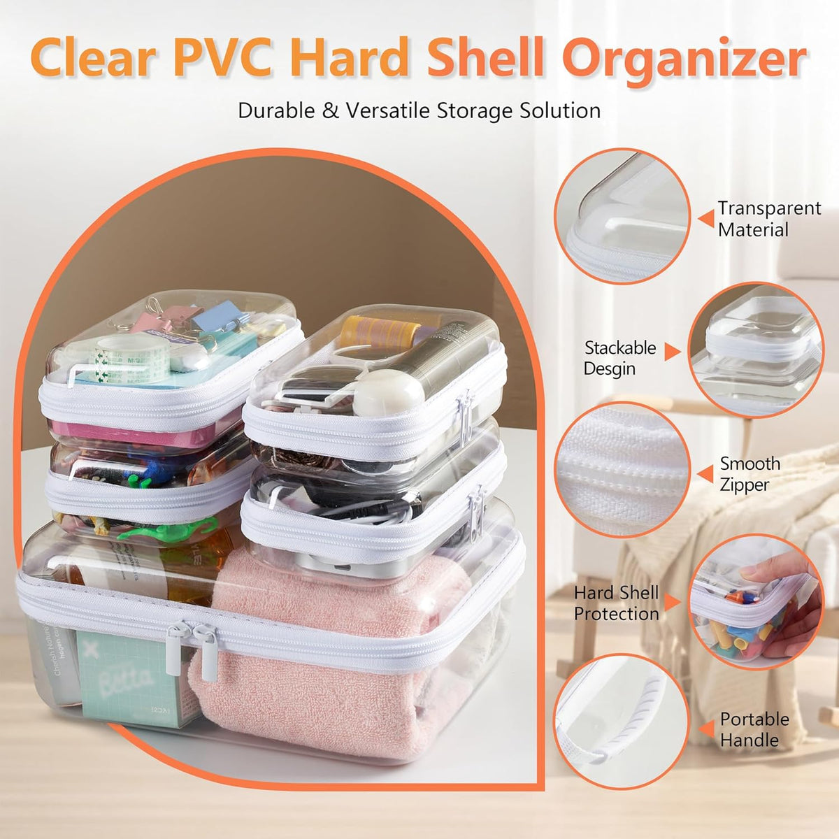 4 pcs Clear Zipper Pouches,Hard Shell Zipper Case, Toiletry Bag for Travel, CLear Diaper Bag, Toiletry Pouch, Travel Organizer, Cosmetic Bag,Toy Storage Bins (M+3S) (Light Pink)
