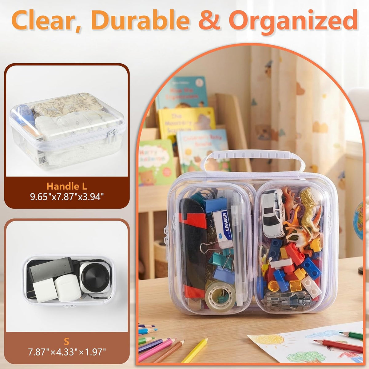 4 pcs Clear Zipper Pouches,Hard Shell Zipper Case, Toiletry Bag for Travel, CLear Diaper Bag, Toiletry Pouch, Travel Organizer, Cosmetic Bag,Toy Storage Bins (M+3S) (Light Pink)