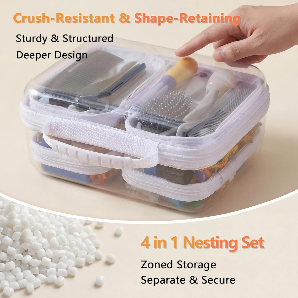 4 pcs Clear Zipper Pouches,Hard Shell Zipper Case, Toiletry Bag for Travel, CLear Diaper Bag, Toiletry Pouch, Travel Organizer, Cosmetic Bag,Toy Storage Bins (M+3S) (Light Pink)