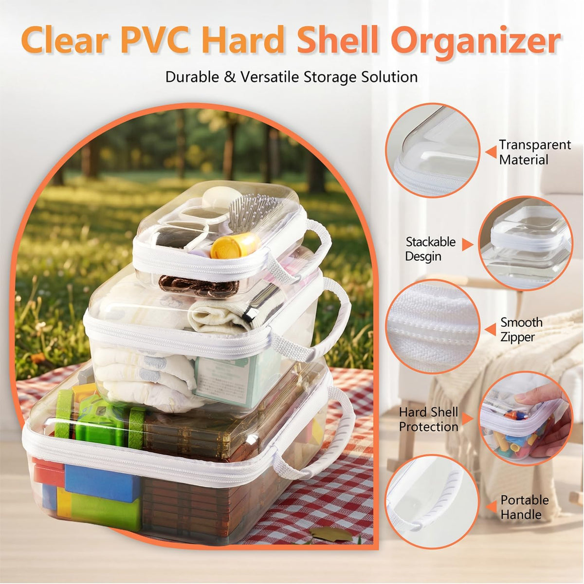 4 pcs Clear Zipper Pouches,Hard Shell Zipper Case, Toiletry Bag for Travel, CLear Diaper Bag, Toiletry Pouch, Travel Organizer, Cosmetic Bag,Toy Storage Bins (M+3S) (Light Pink)
