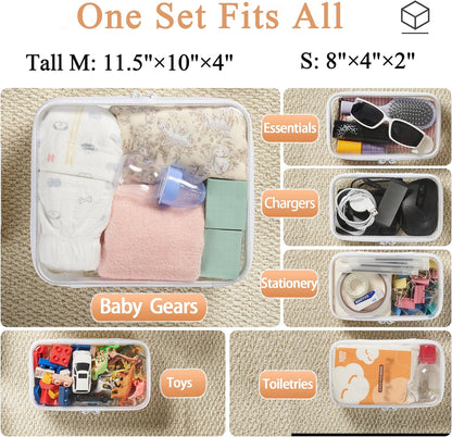 4 pcs Clear Zipper Pouches,Hard Shell Zipper Case, Toiletry Bag for Travel, CLear Diaper Bag, Toiletry Pouch, Travel Organizer, Cosmetic Bag,Toy Storage Bins (M+3S) (Light Pink)