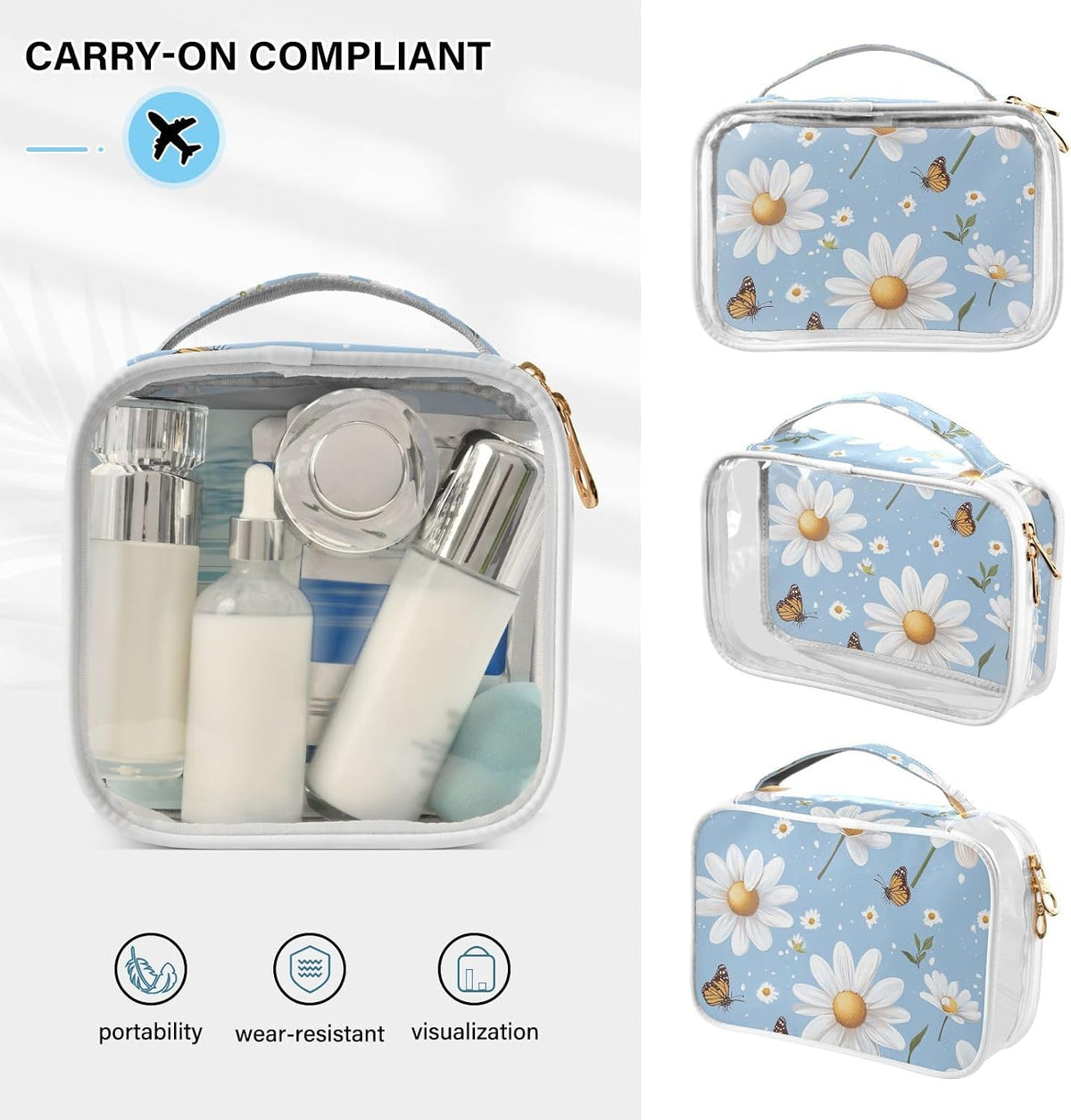 Clear Makeup Bag Approved Clear Travel Toiletry Bag with Zipper Waterproof Organizer Bags Transparent Cosmetic Pouch Traveling 2Pack Tile Color - Colors D