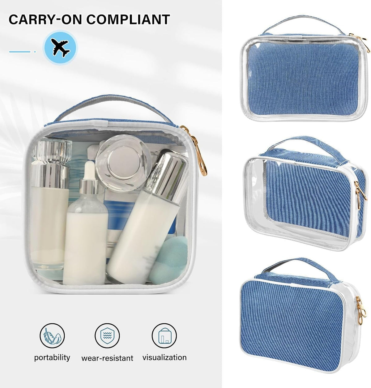 Clear Makeup Bag Approved Clear Travel Toiletry Bag with Zipper Waterproof Organizer Bags Transparent Cosmetic Pouch Traveling 2Pack Tile Color - Colors D