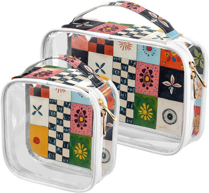 Clear Makeup Bag Approved Clear Travel Toiletry Bag with Zipper Waterproof Organizer Bags Transparent Cosmetic Pouch Traveling 2Pack Tile Color - Colors D