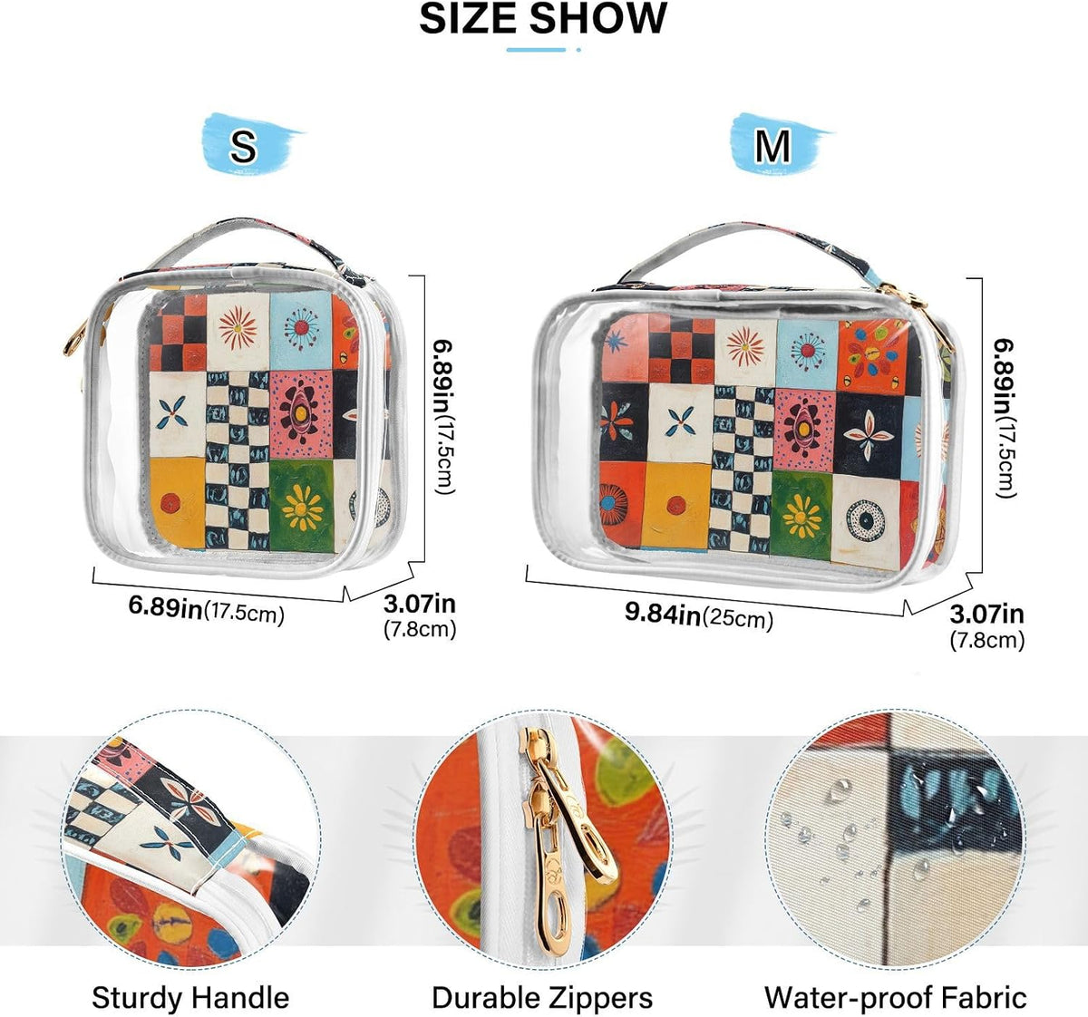 Clear Makeup Bag Approved Clear Travel Toiletry Bag with Zipper Waterproof Organizer Bags Transparent Cosmetic Pouch Traveling 2Pack Tile Color - Colors D
