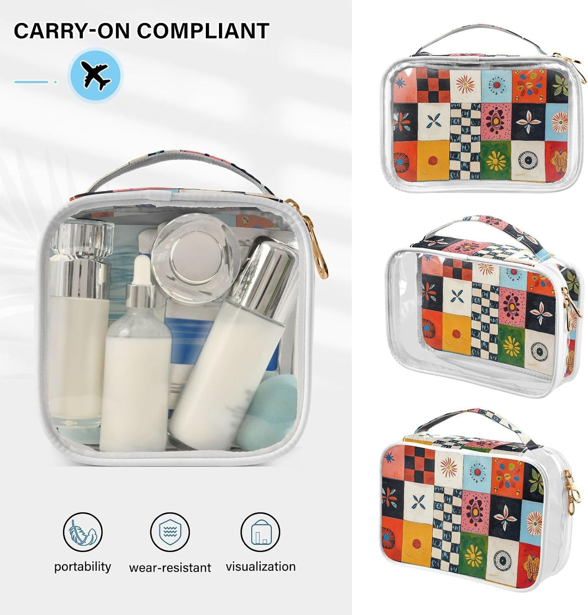 Clear Makeup Bag Approved Clear Travel Toiletry Bag with Zipper Waterproof Organizer Bags Transparent Cosmetic Pouch Traveling 2Pack Tile Color - Colors D