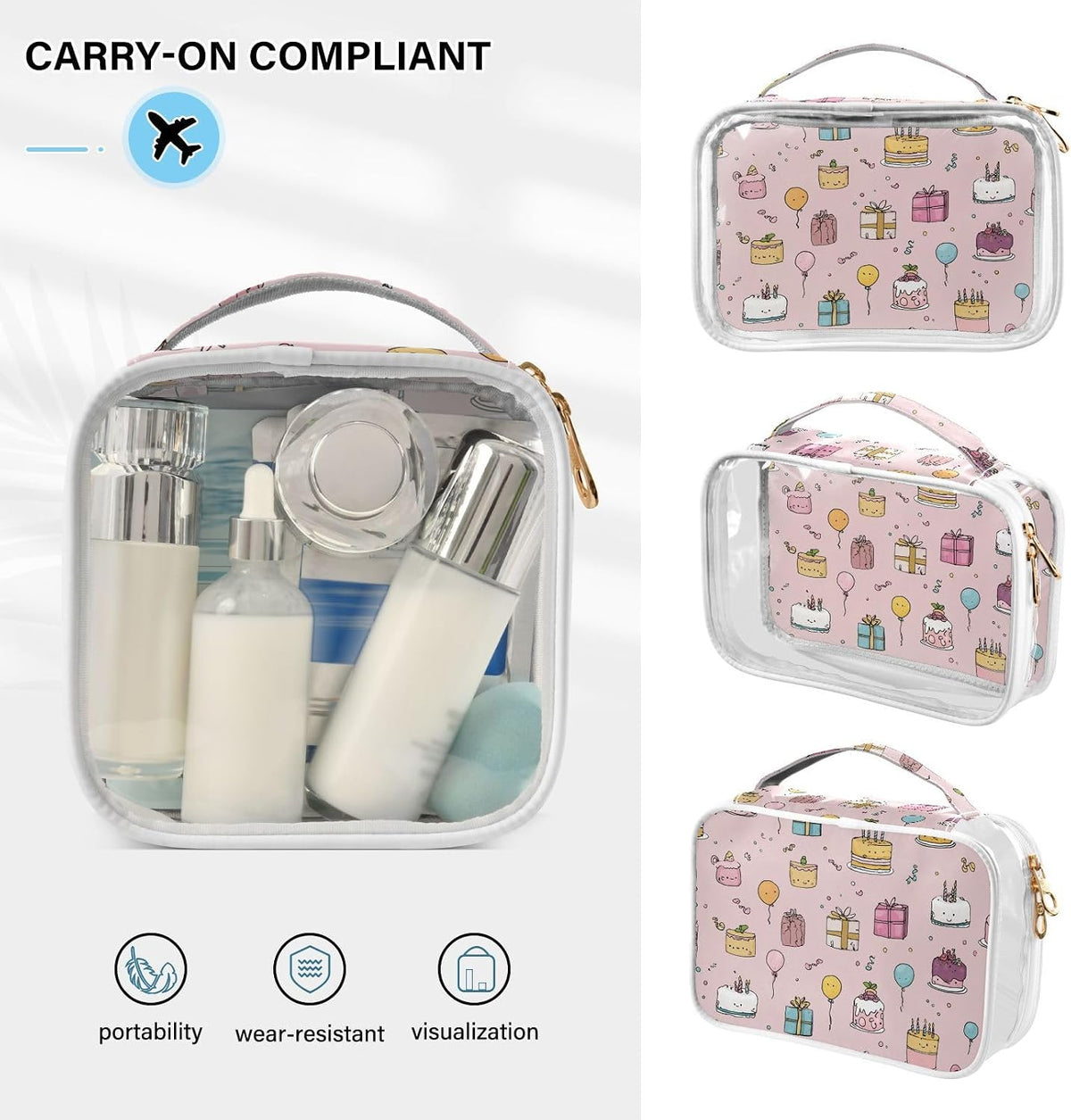 Clear Makeup Bag Approved Clear Travel Toiletry Bag with Zipper Waterproof Organizer Bags Transparent Cosmetic Pouch Traveling 2Pack Tile Color - Colors D