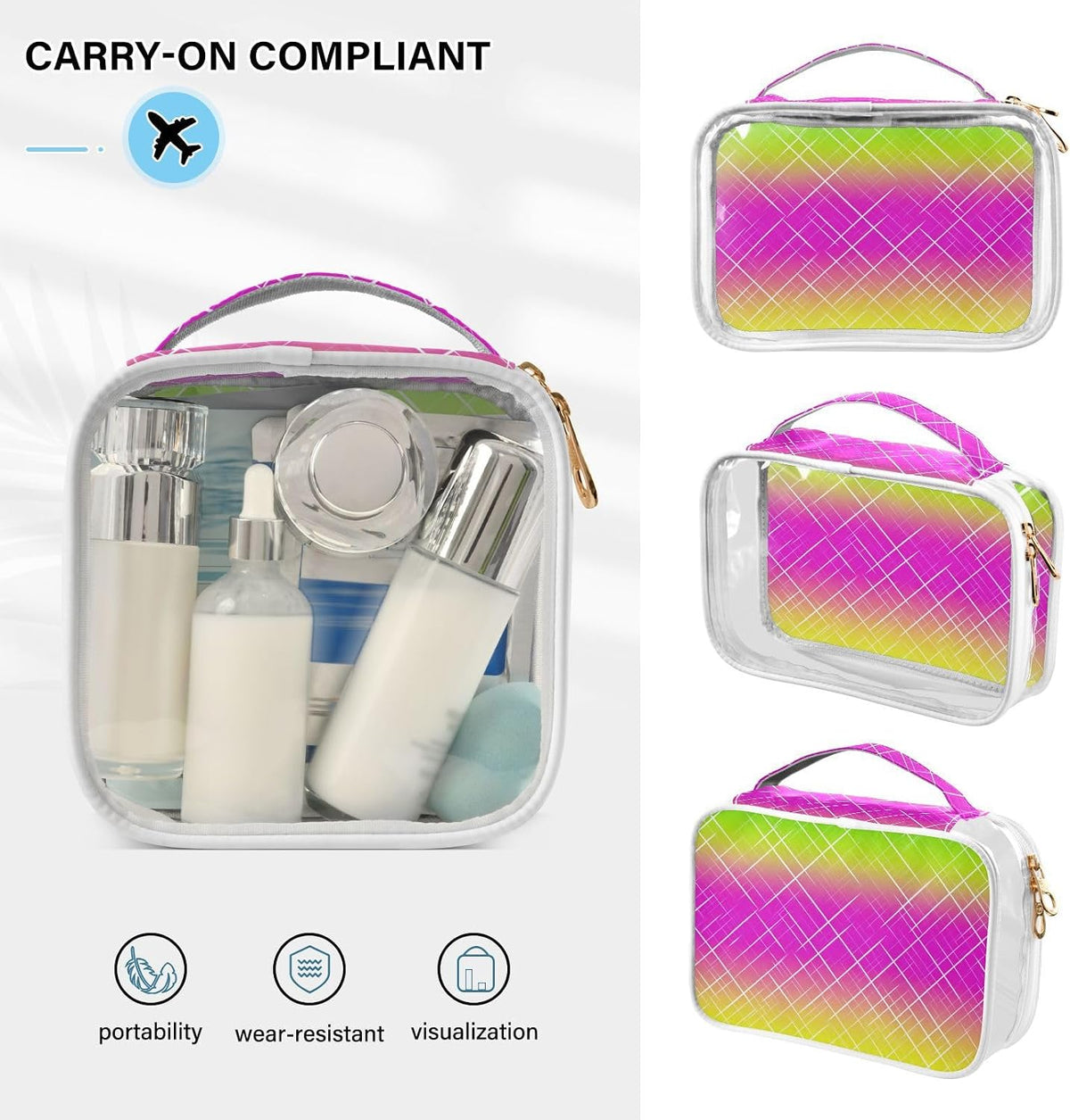 Clear Makeup Bag Approved Clear Travel Toiletry Bag with Zipper Waterproof Organizer Bags Transparent Cosmetic Pouch Traveling 2Pack Tile Color - Colors D