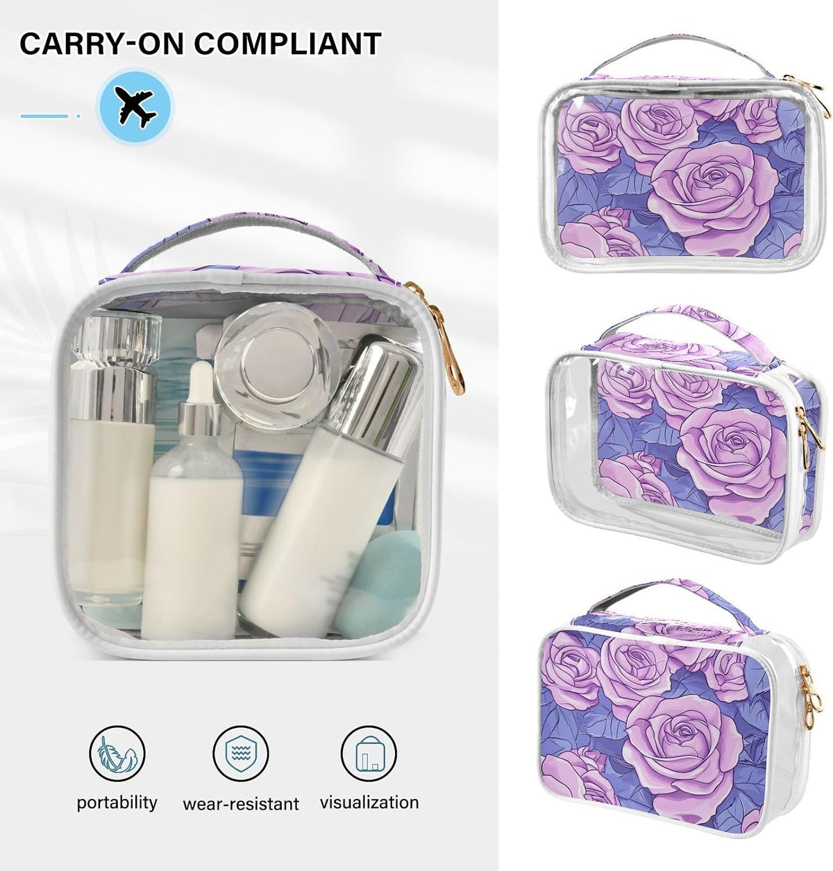 Clear Makeup Bag Approved Clear Travel Toiletry Bag with Zipper Waterproof Organizer Bags Transparent Cosmetic Pouch Traveling 2Pack Tile Color - Colors D