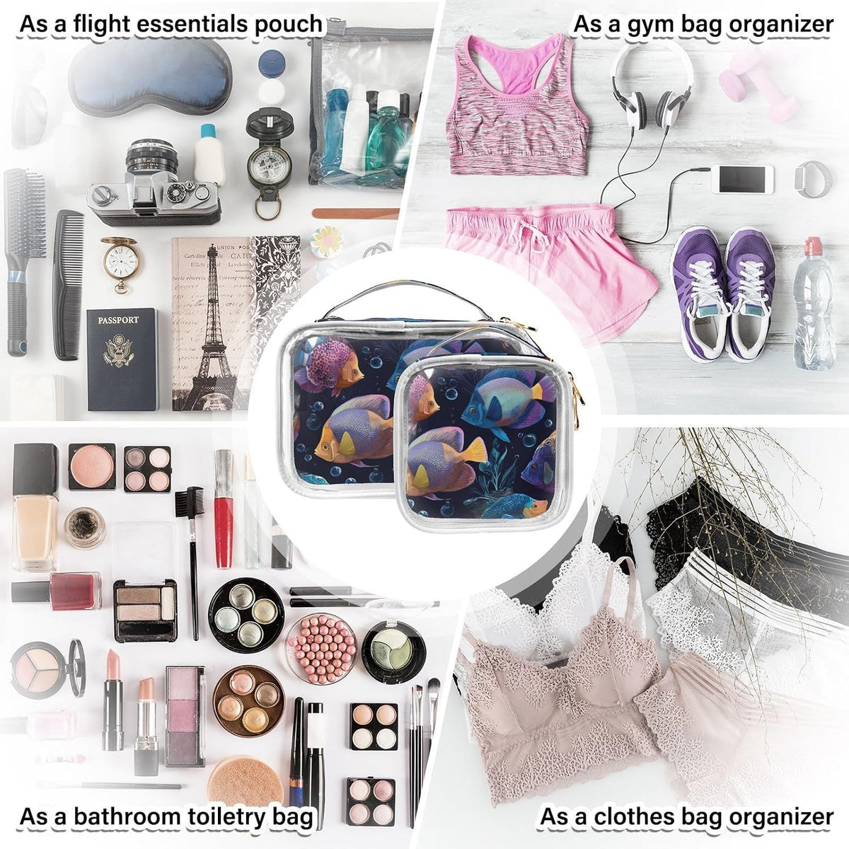 Clear Makeup Bag Approved Clear Travel Toiletry Bag with Zipper Waterproof Organizer Bags Transparent Cosmetic Pouch Traveling 2Pack Tile Color - Colors D