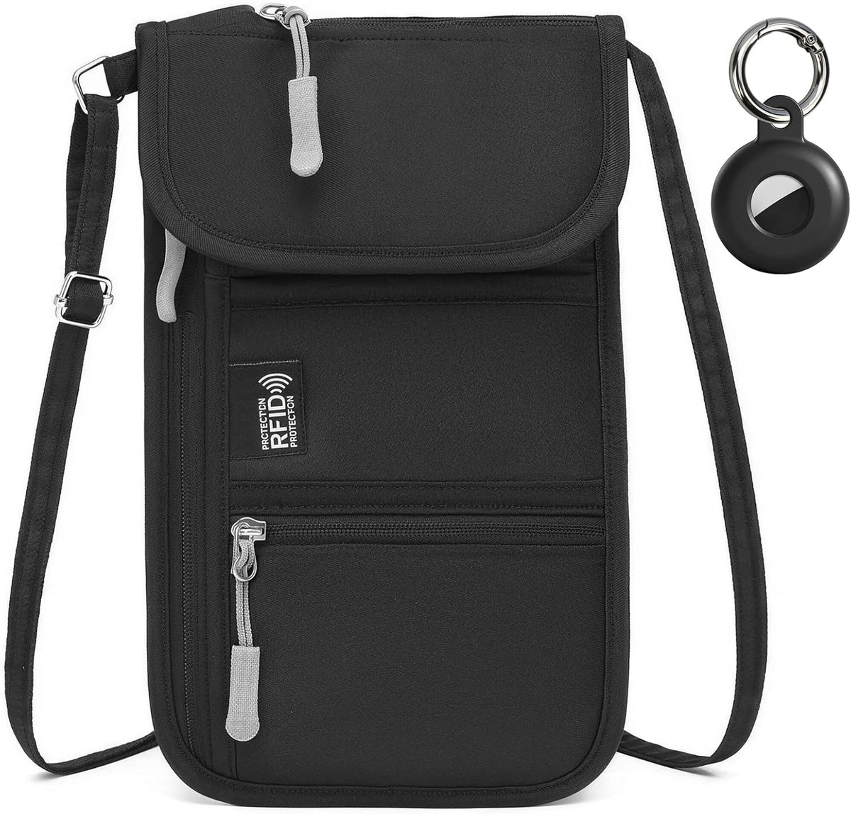 RFID Blocking Passport Holder for Travel Neck Wallet with Adjustable Lanyard 6 Compartments Pouches Passport Wallet for Family (Grey)