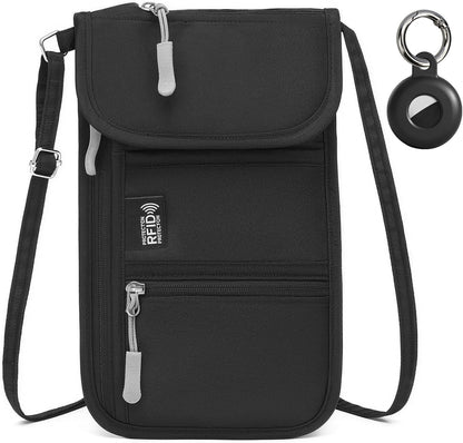 RFID Blocking Passport Holder for Travel Neck Wallet with Adjustable Lanyard 6 Compartments Pouches Passport Wallet for Family (Grey)