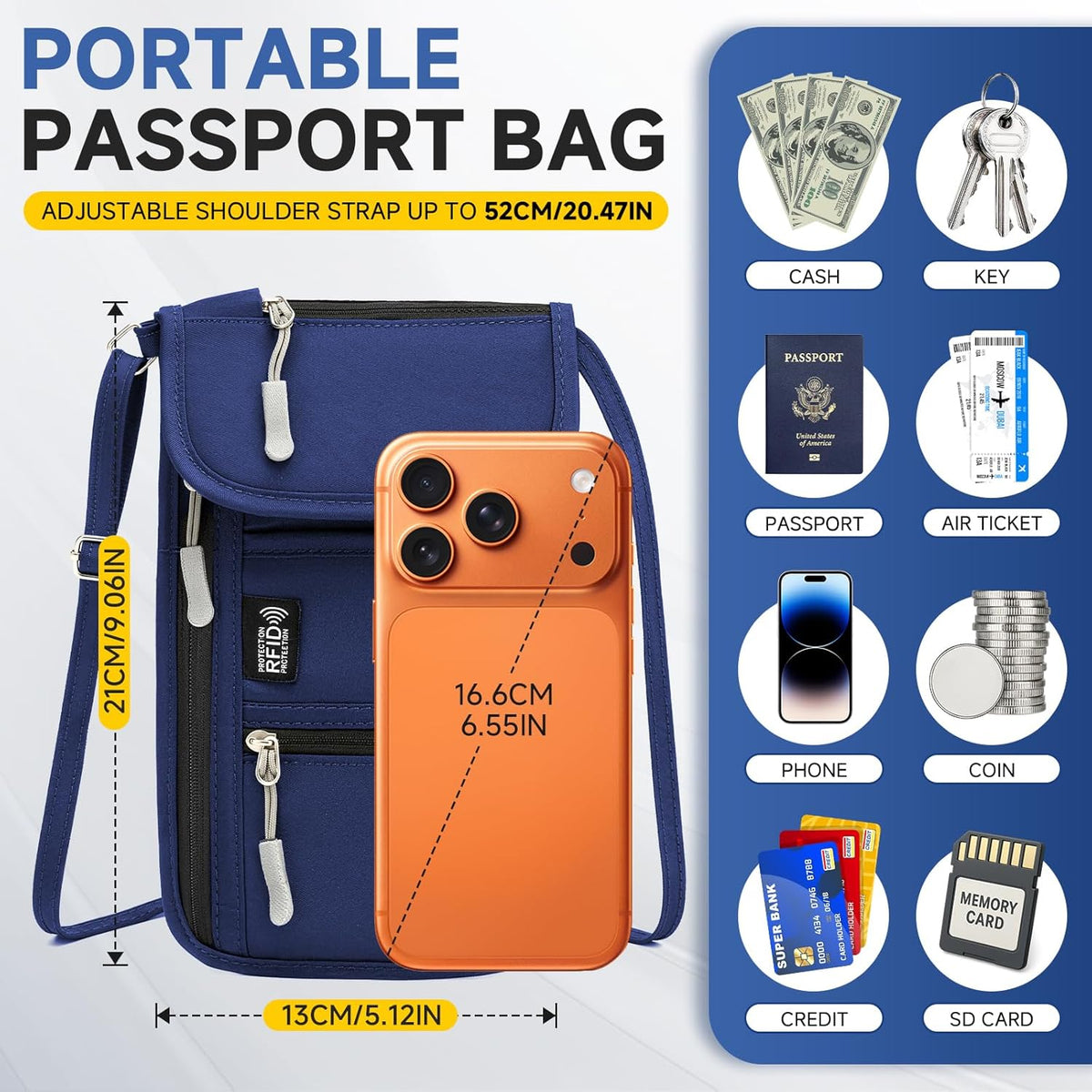 RFID Blocking Passport Holder for Travel Neck Wallet with Adjustable Lanyard 6 Compartments Pouches Passport Wallet for Family (Grey)