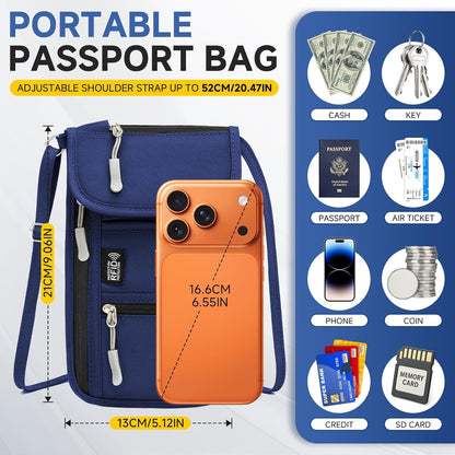 RFID Blocking Passport Holder for Travel Neck Wallet with Adjustable Lanyard 6 Compartments Pouches Passport Wallet for Family (Grey)