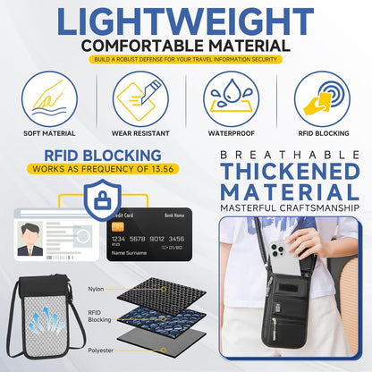 RFID Blocking Passport Holder for Travel Neck Wallet with Adjustable Lanyard 6 Compartments Pouches Passport Wallet for Family (Grey)
