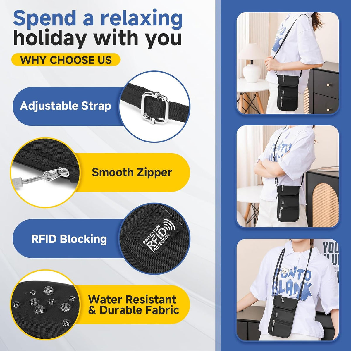 RFID Blocking Passport Holder for Travel Neck Wallet with Adjustable Lanyard 6 Compartments Pouches Passport Wallet for Family (Grey)
