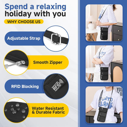 RFID Blocking Passport Holder for Travel Neck Wallet with Adjustable Lanyard 6 Compartments Pouches Passport Wallet for Family (Grey)