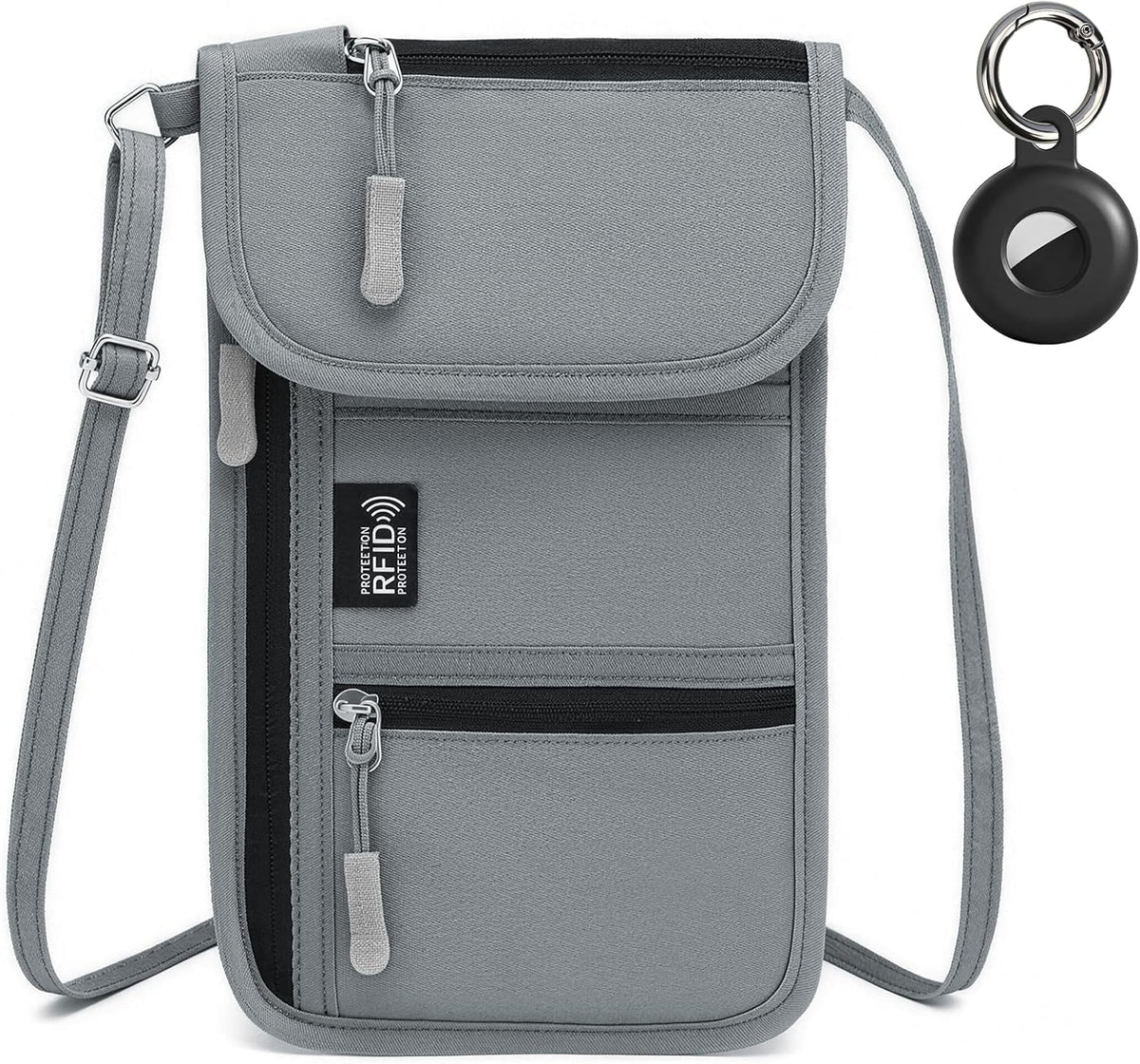 RFID Blocking Passport Holder for Travel Neck Wallet with Adjustable Lanyard 6 Compartments Pouches Passport Wallet for Family (Grey)