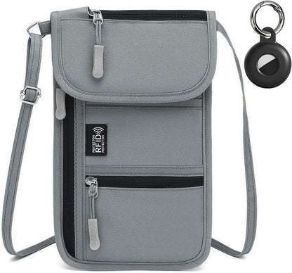 RFID Blocking Passport Holder for Travel Neck Wallet with Adjustable Lanyard 6 Compartments Pouches Passport Wallet for Family (Grey)