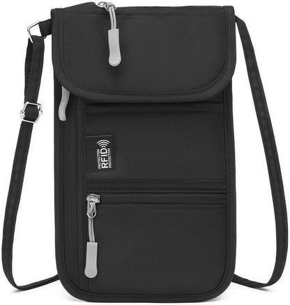 RFID Blocking Passport Holder for Travel Neck Wallet with Adjustable Lanyard 6 Compartments Pouches Passport Wallet for Family (Grey)